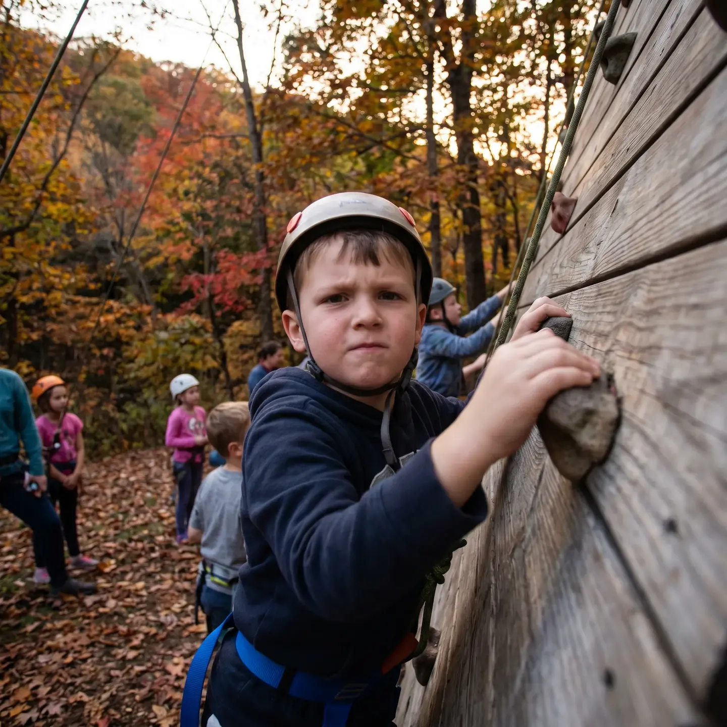 Child overcoming anxiety through climbing activity