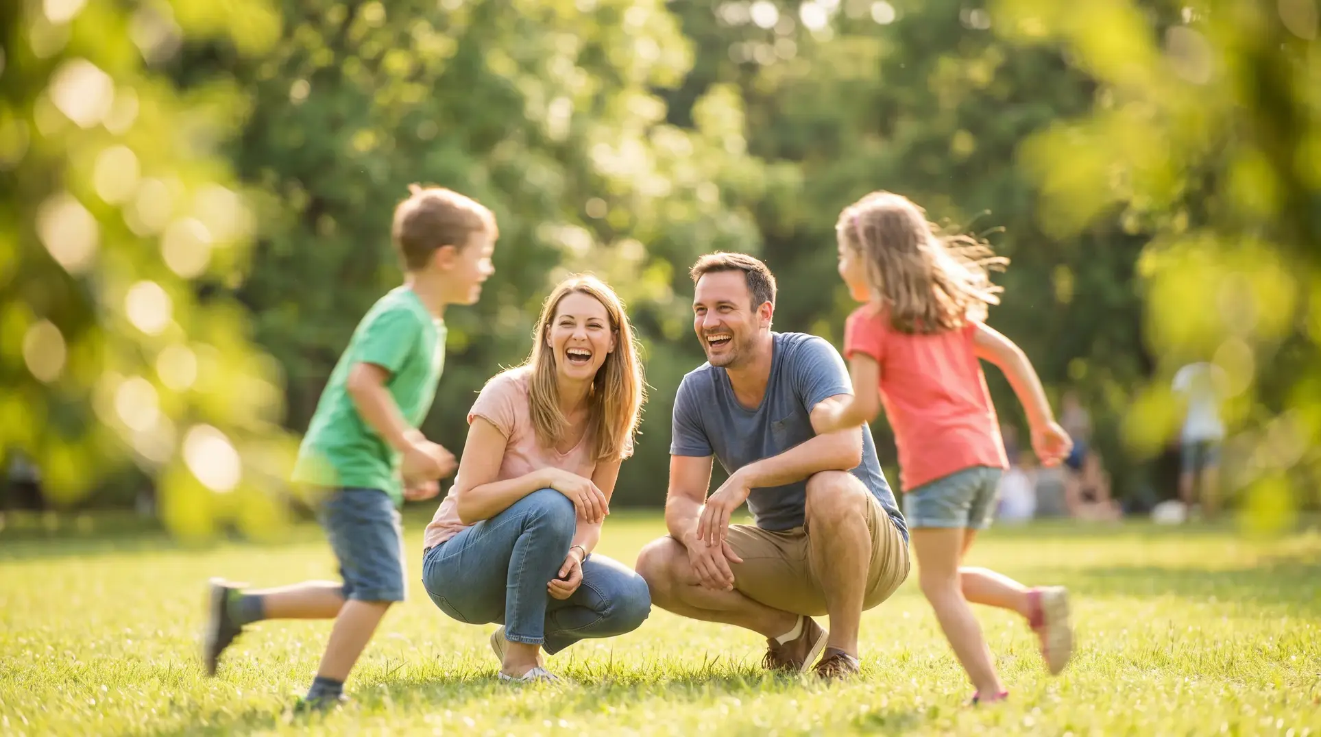 A family of four spending time outdoors in a park or garden. Two adults are crouching and laughing, while two children are running around them. The setting is green and sunny, suggesting a cheerful and leisurely day.