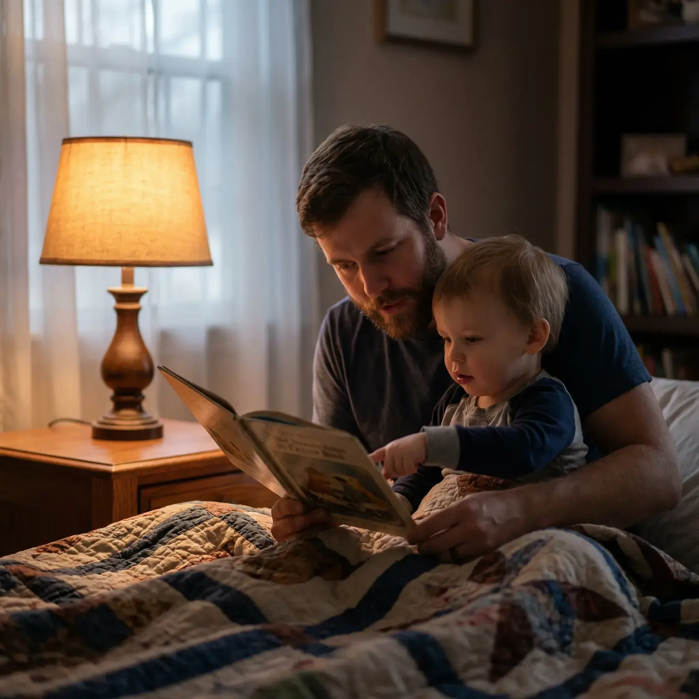 Parent reading bedtime story establishing loving routine