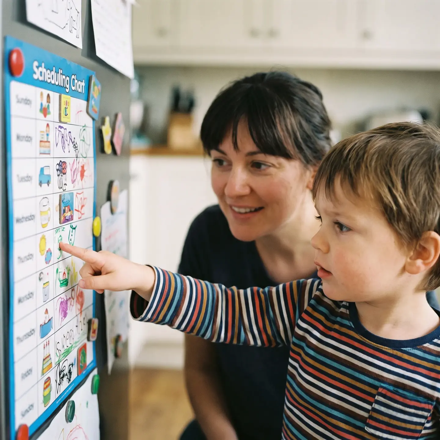 Child visual schedule on refrigerator