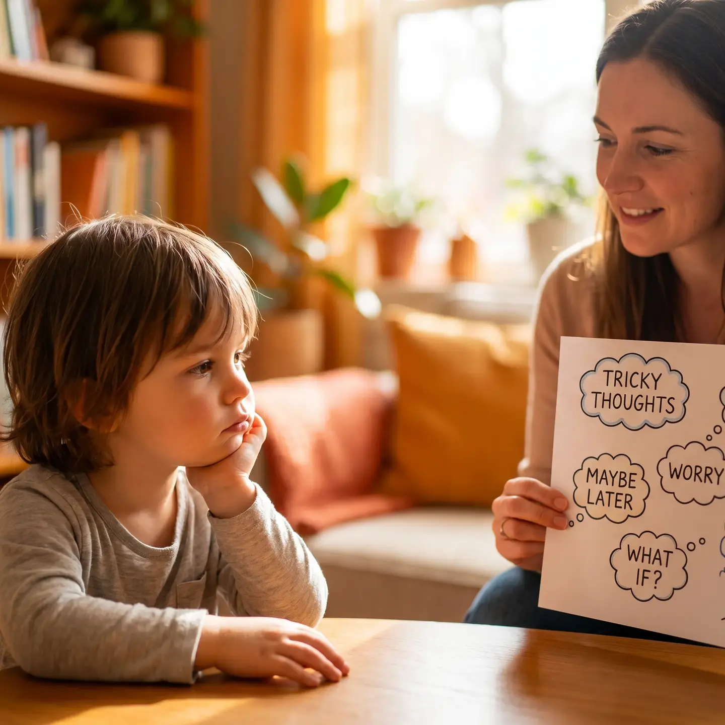 Child and therapist with tricky thoughts chart