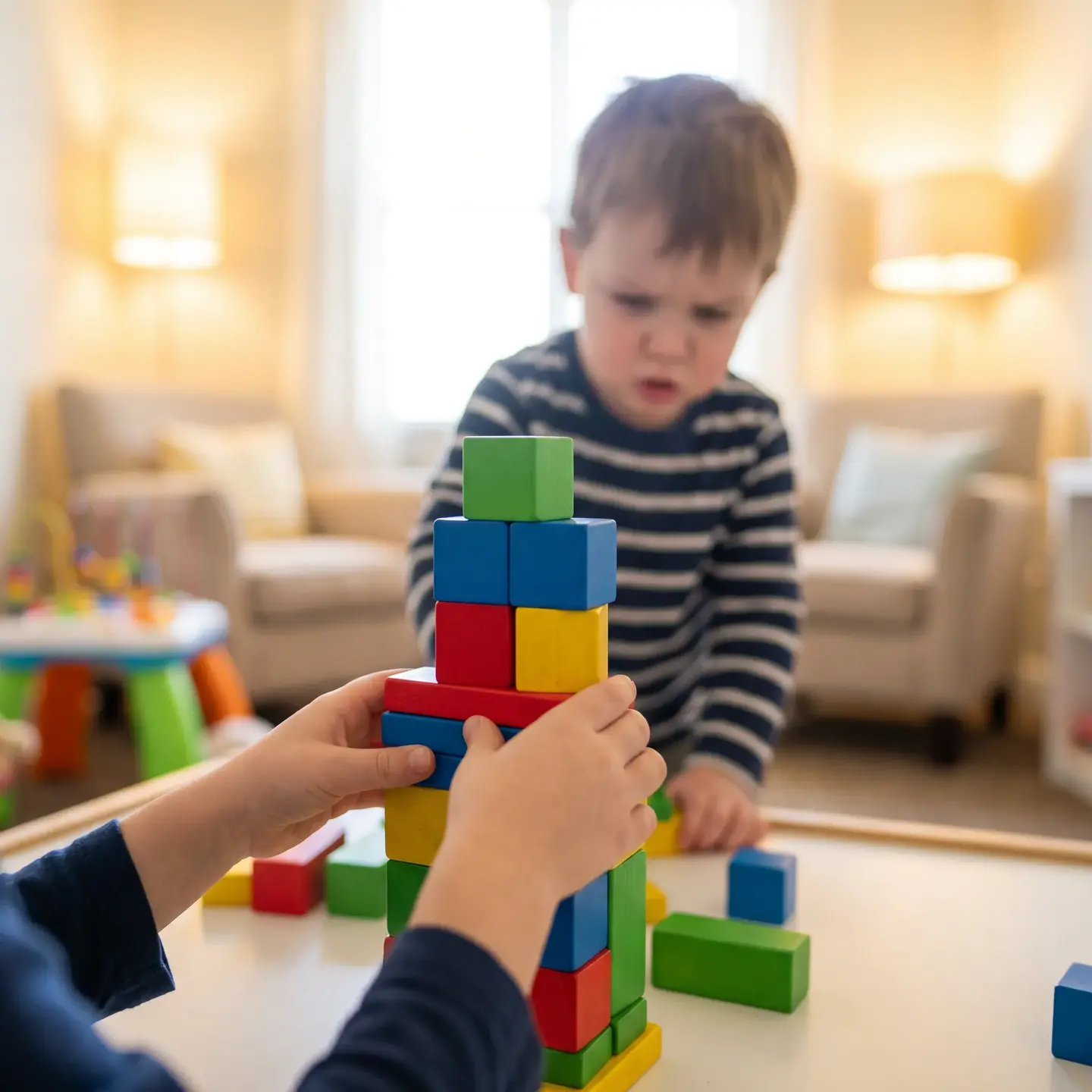 Child building tower blocks