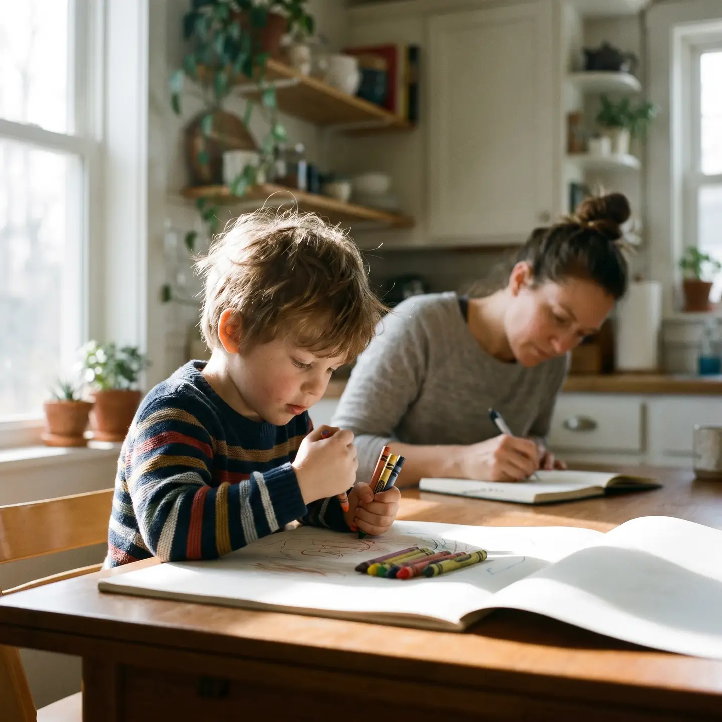 Child drawing with parent near
