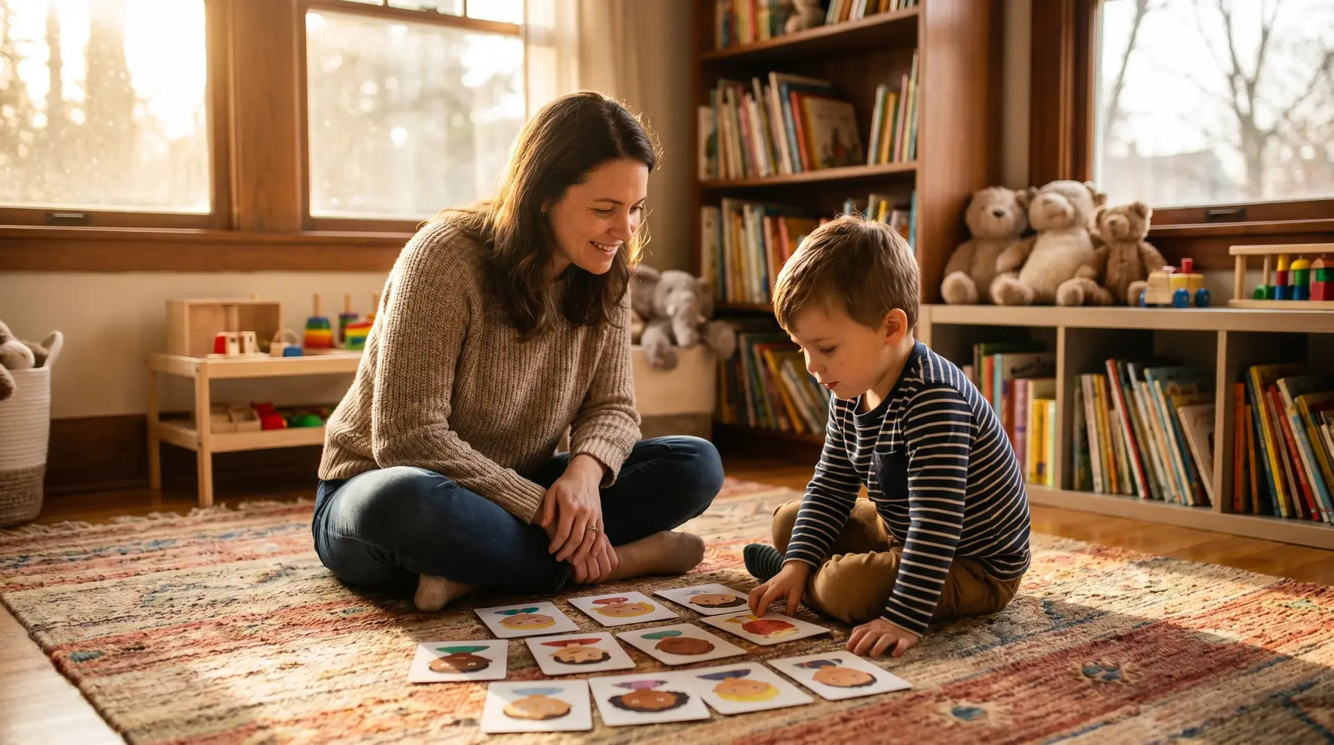 A cozy, well-lit room featuring a woman and a child sitting on a patterned rug, playing with picture cards that are spread out in front of them. Shelves filled with books and teddy bears can be seen in the background, while natural light streams through the windows, creating a warm and inviting atmosphere.