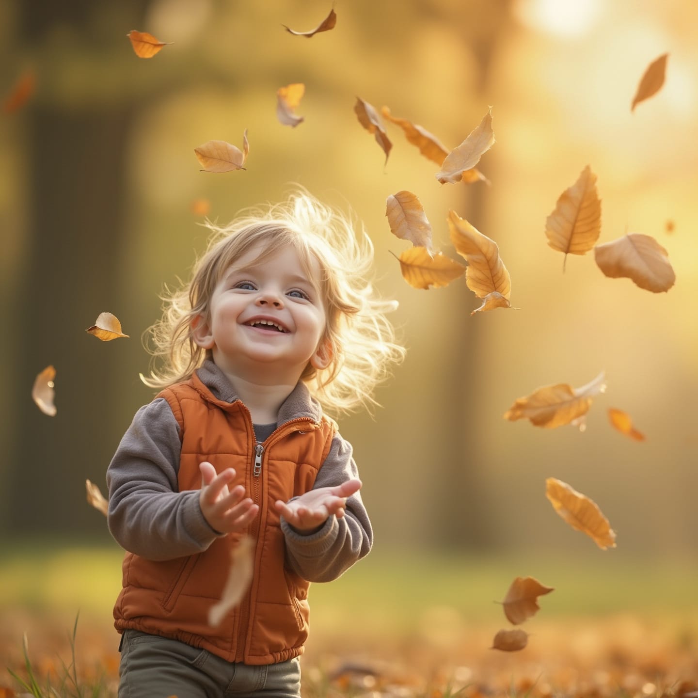 Child playing with leaves