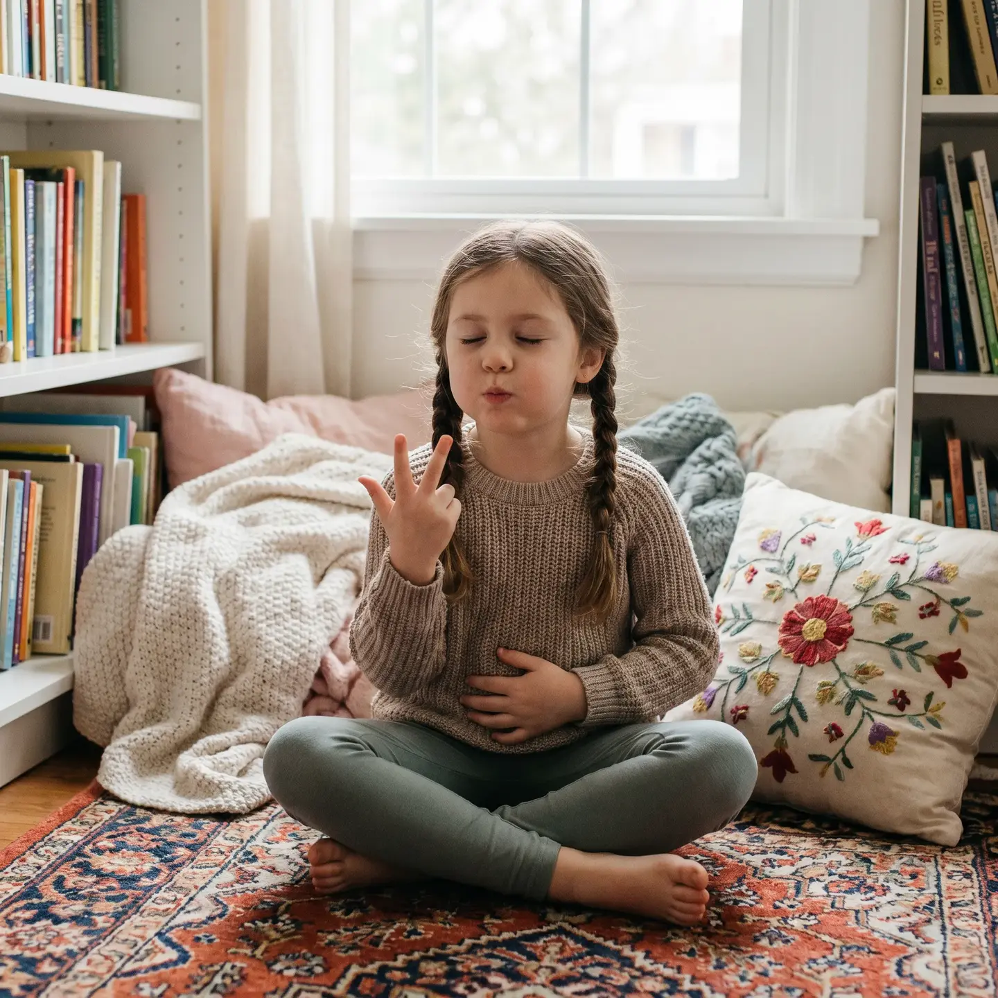 Child practicing breathing exercise