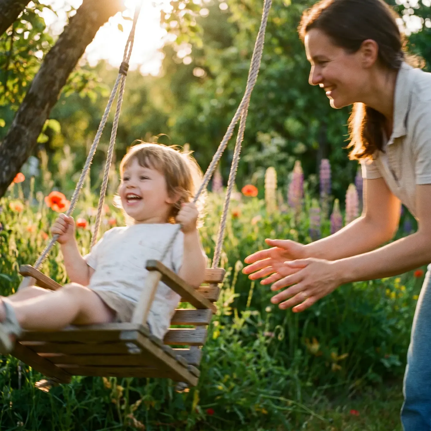 Child swinging with parent support