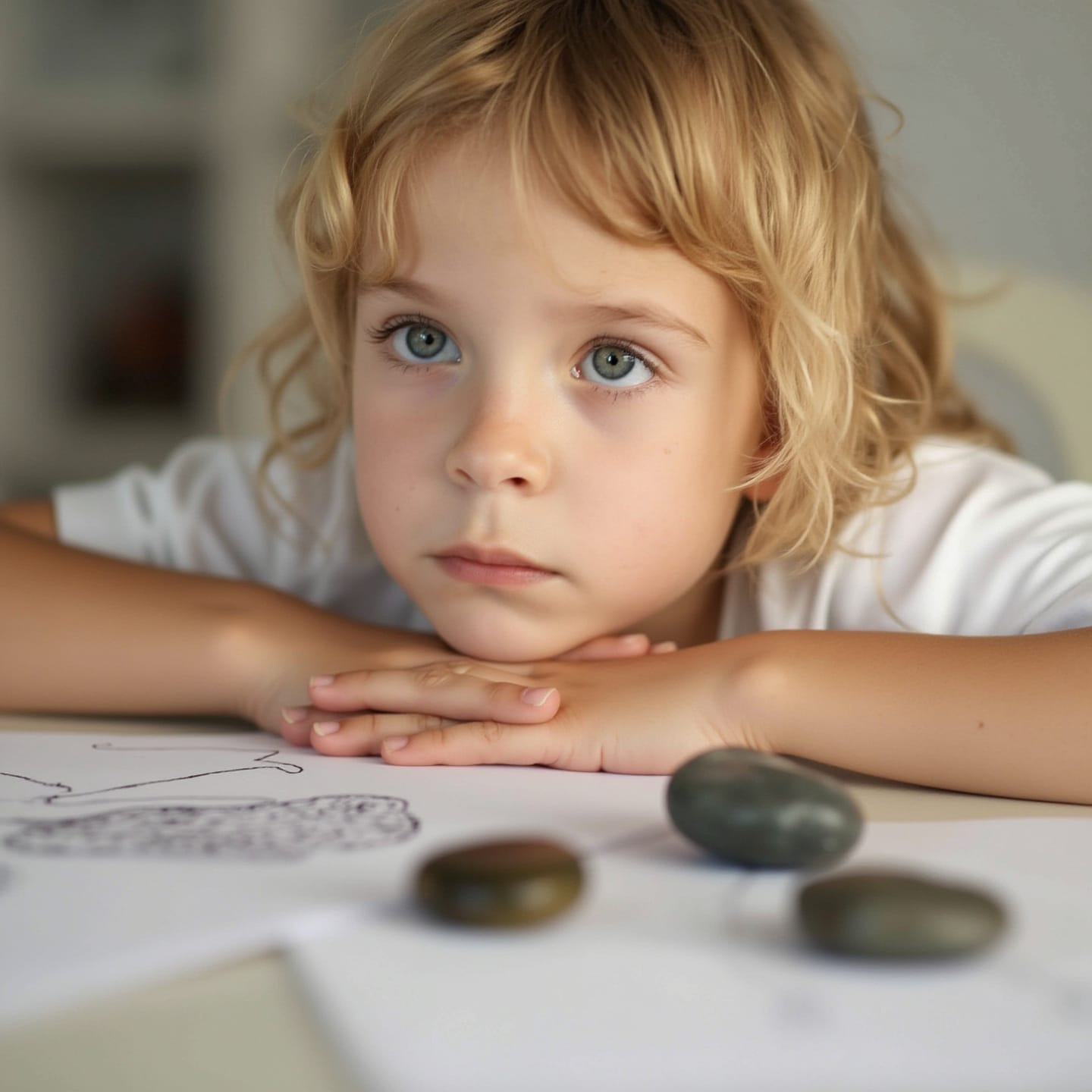 Child with thoughtful expression sitting at desk