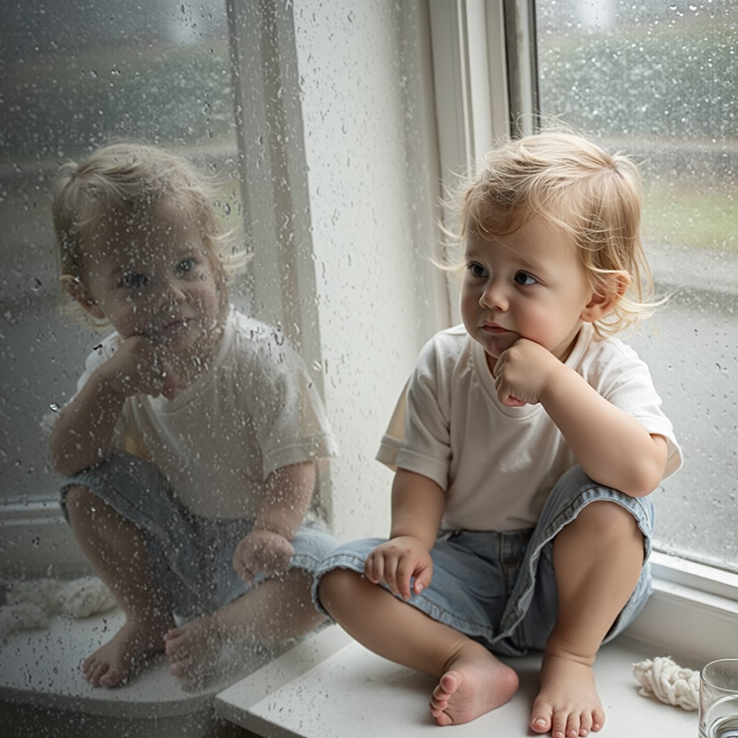Child sitting on windowsill reflecting during rain