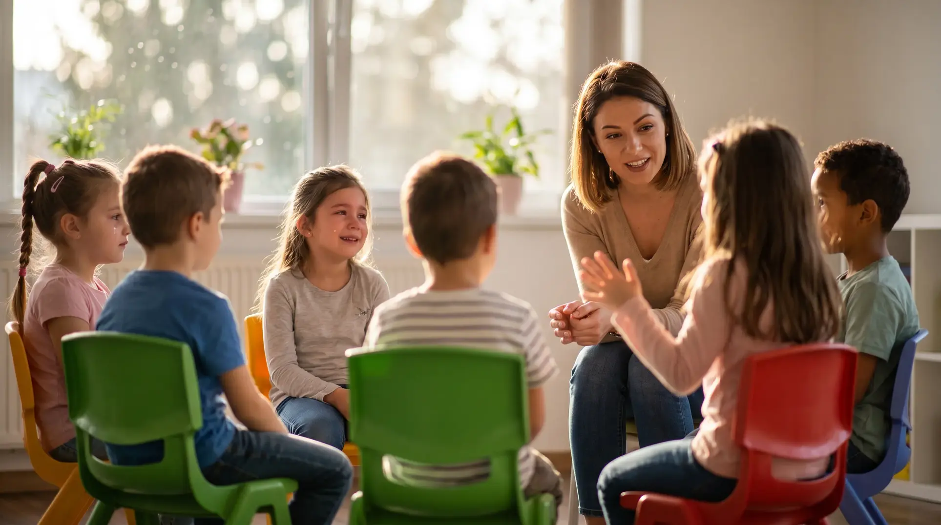 A group of children sitting in a circle on colorful chairs with an adult, likely their teacher or caregiver, in a well-lit classroom or daycare. They appear to be engaged in a friendly conversation or activity, creating an interactive and welcoming atmosphere.