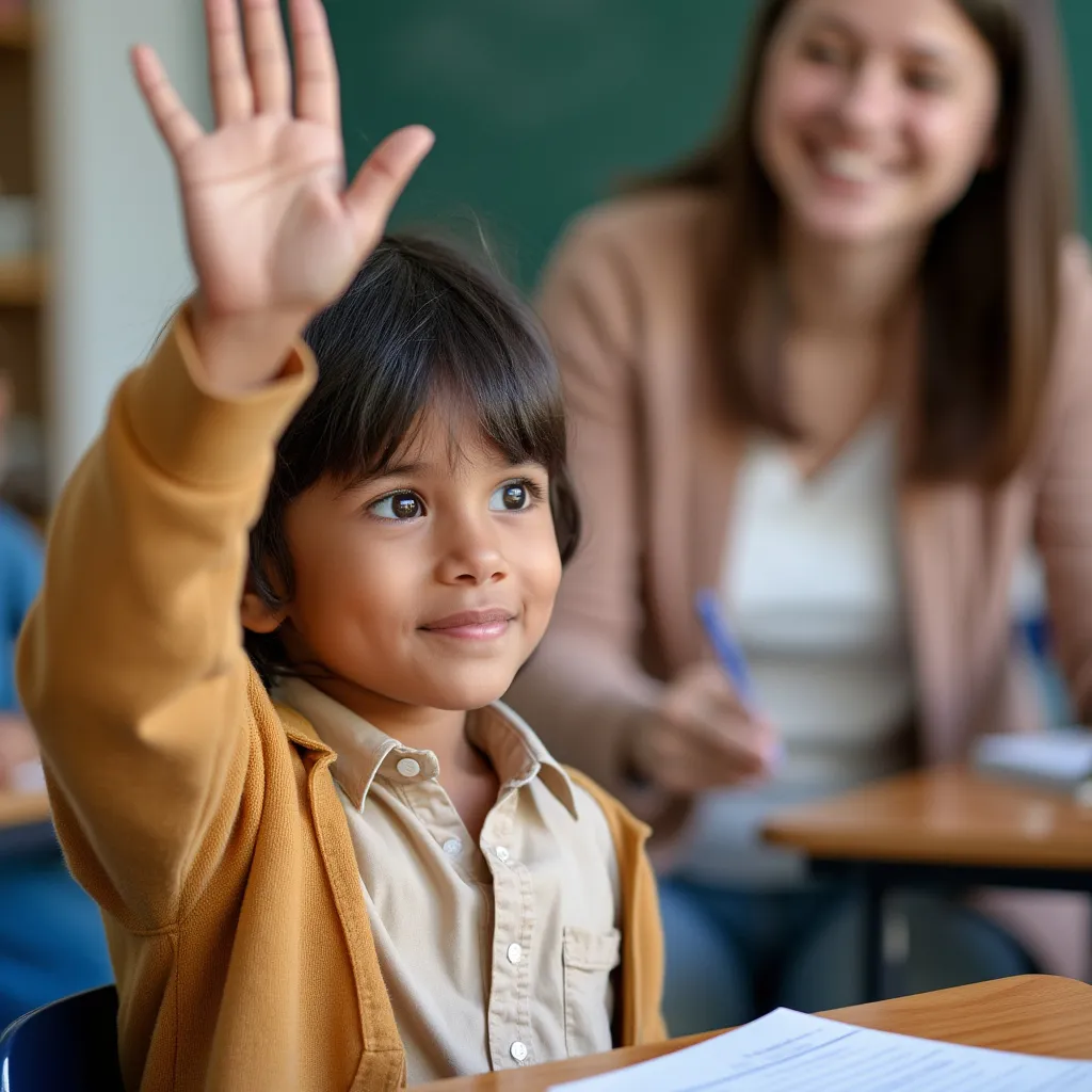 A young child raises their hand while sitting at a desk with papers, in a classroom. In the background, a smiling teacher observes, highlighting a typical educational interaction.