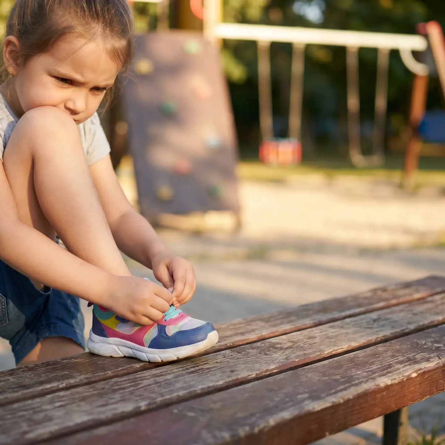 Child building confidence by tying shoes