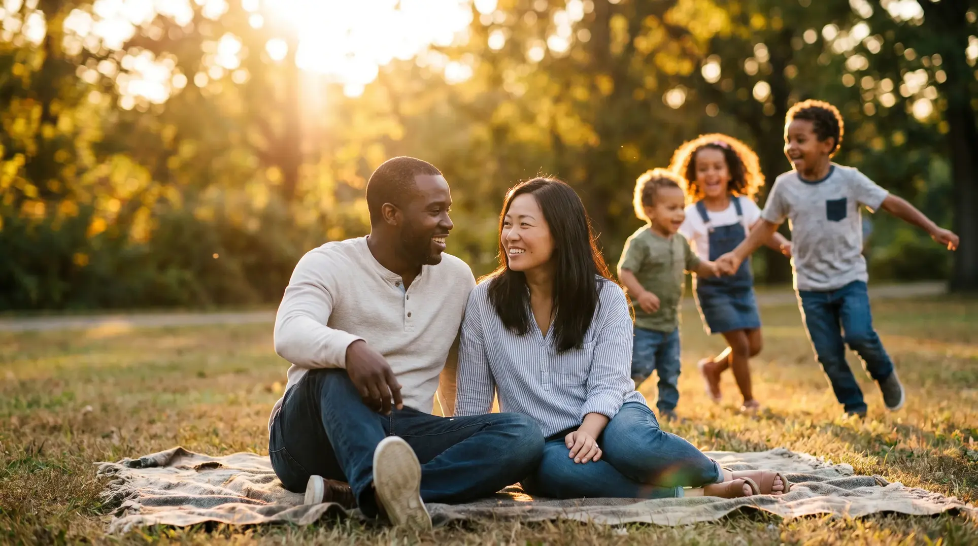 A couple sits on a blanket in a park, smiling at each other, while three children play and run in the background. The setting features trees, grass, and warm golden sunlight, creating a serene outdoor scene.