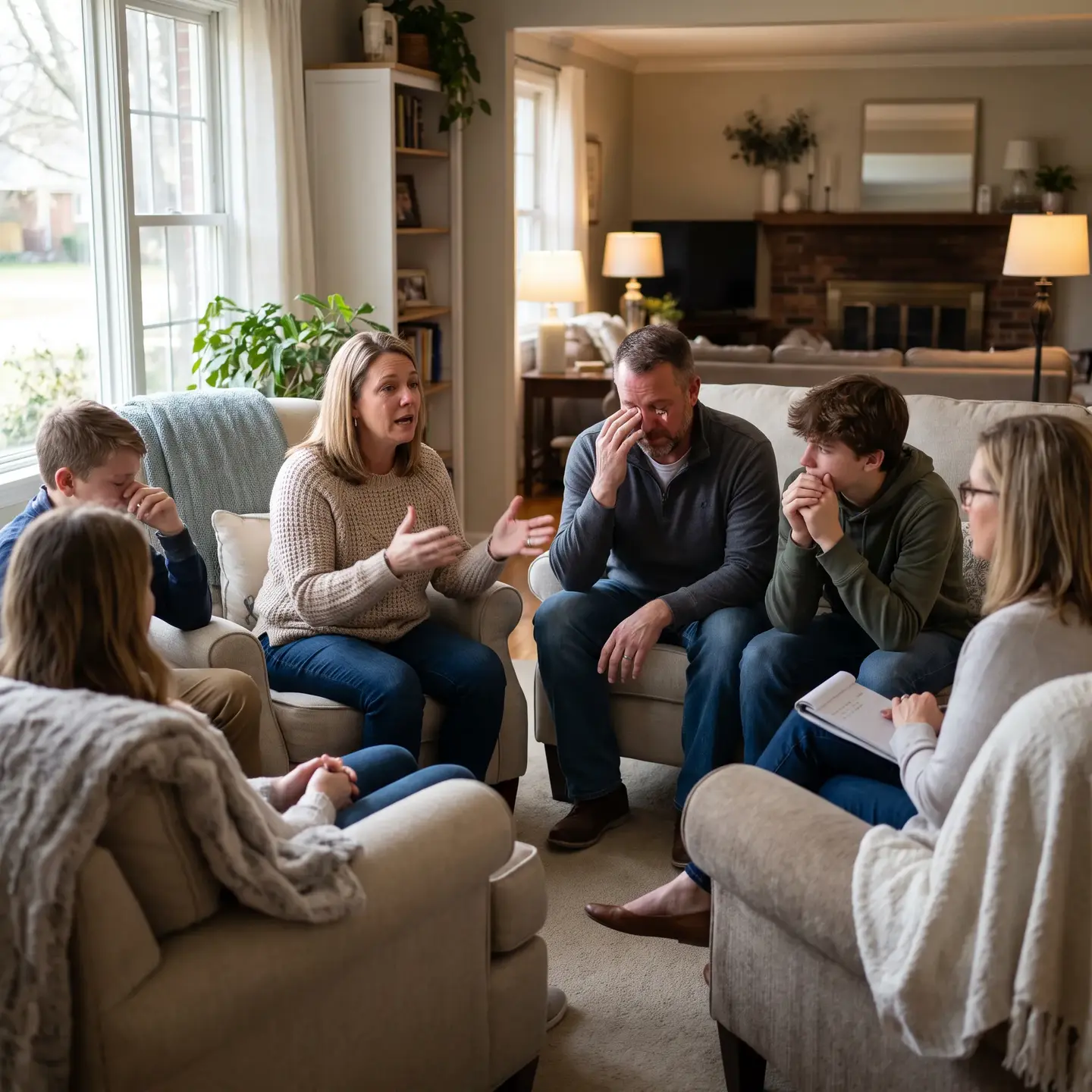 Family sitting in a circle during therapy session