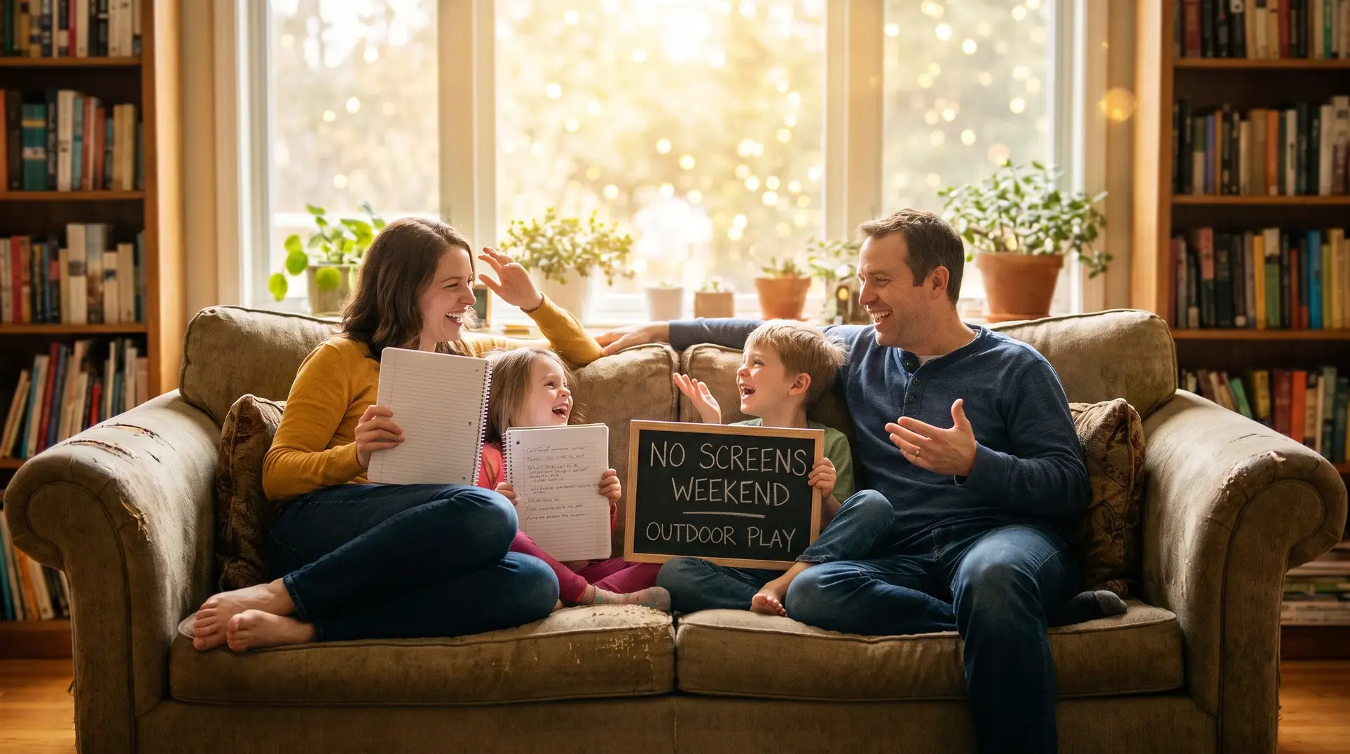 A happy family sits together on a couch, smiling and enjoying each other's company. One child holds a sign that reads 'NO SCREENS WEEKEND, OUTDOOR PLAY.' The room is cozy, with bookshelves, potted plants, and natural light streaming in through a large window in the background.