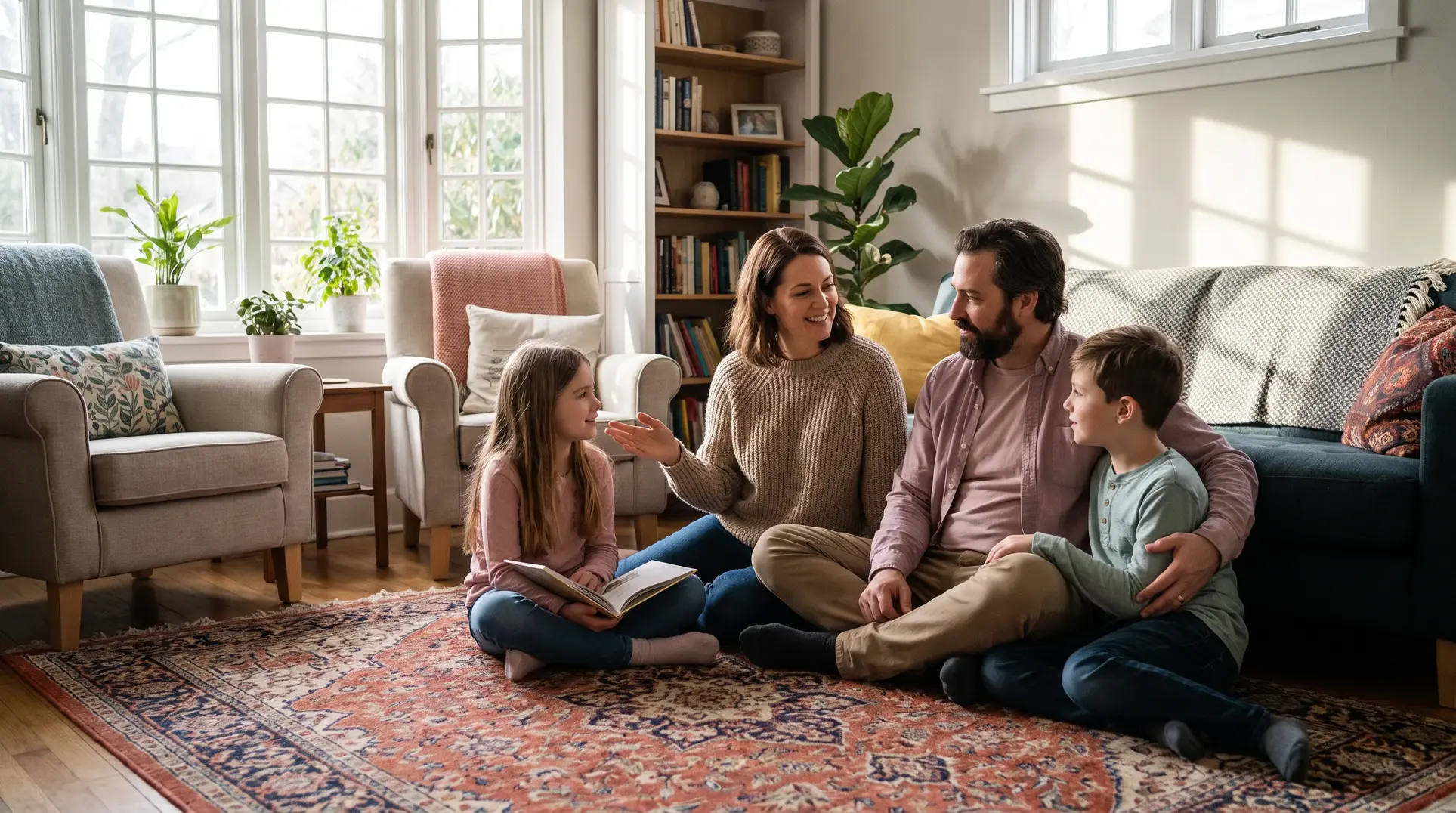 A family of four, including a man, a woman, and two children, sits together on the floor in a warm and inviting living room. The space features a patterned rug, armchairs, a sofa, and plants. Large windows let in natural light, creating a cozy atmosphere. The family is seen engaging in conversation or reading together.