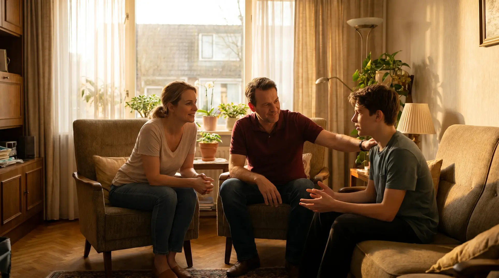 Three people sitting in a warmly lit living room. A man and woman are seated on the left, while a younger person sits on the right. They are engaged in a conversation, surrounded by plants, a lamp, and natural light from a window, creating a comfortable, familial atmosphere.