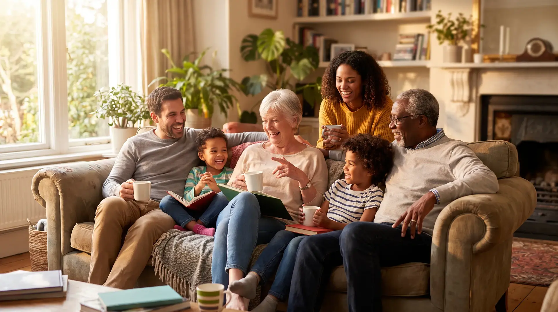 A group of people, appearing to be a family, sitting together on a couch in a cozy living room. They are smiling and engaged in a happy conversation, with some holding mugs and a book. The background features plants and bookshelves, creating a warm and inviting atmosphere.