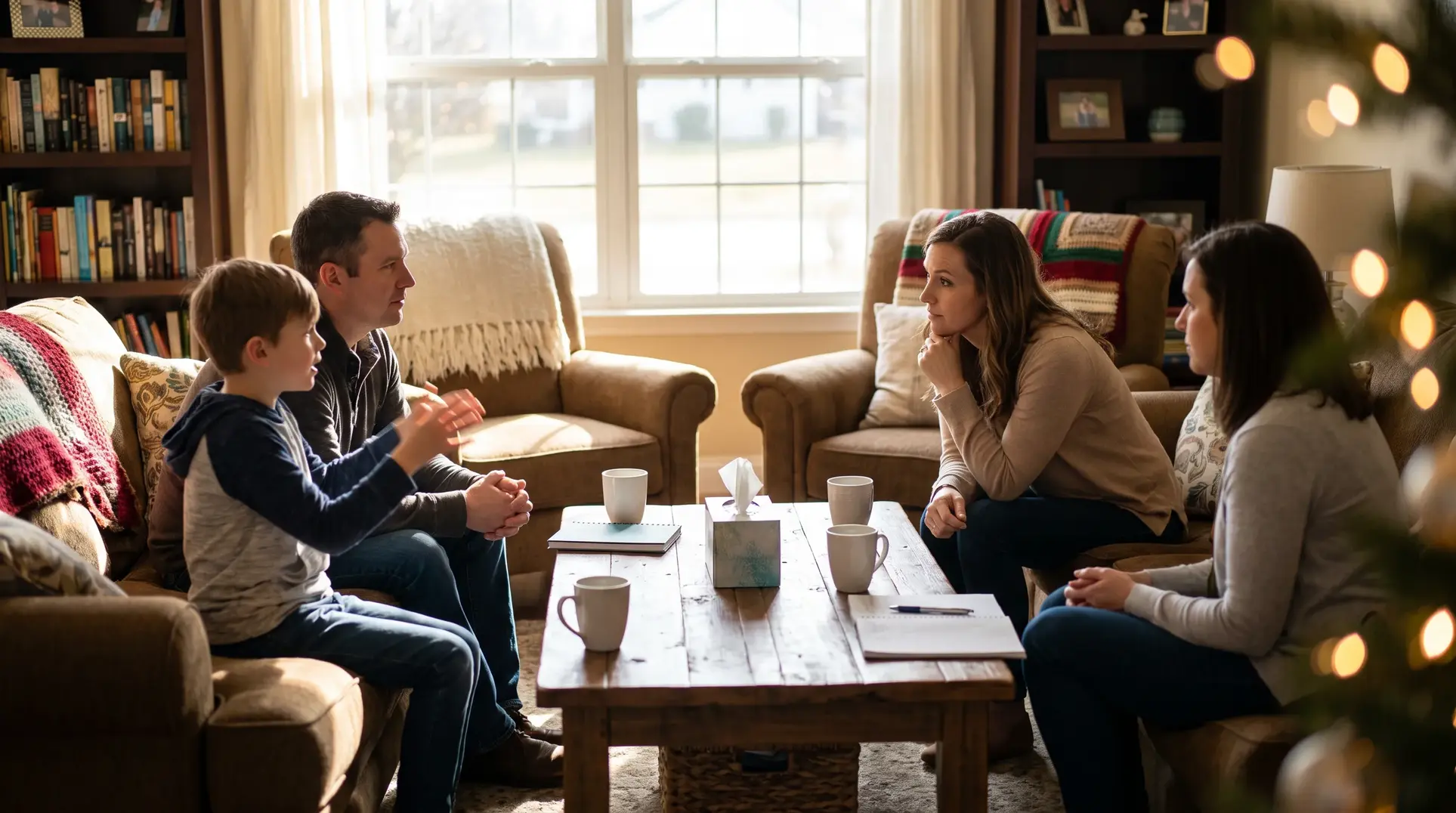 A cozy living room with four people sitting around a wooden coffee table, engaged in conversation. Two people sit on each of the two couches. The table is adorned with mugs, notebooks, and a box of tissues. In the background, there is a bookshelf and a window letting in natural light. Decorative throws and cushions add to the comfortable and inviting atmosphere.