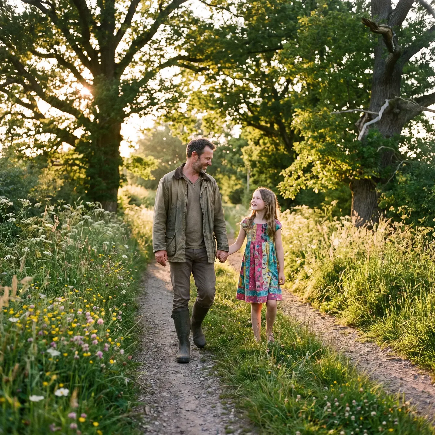Father and daughter walking in nature