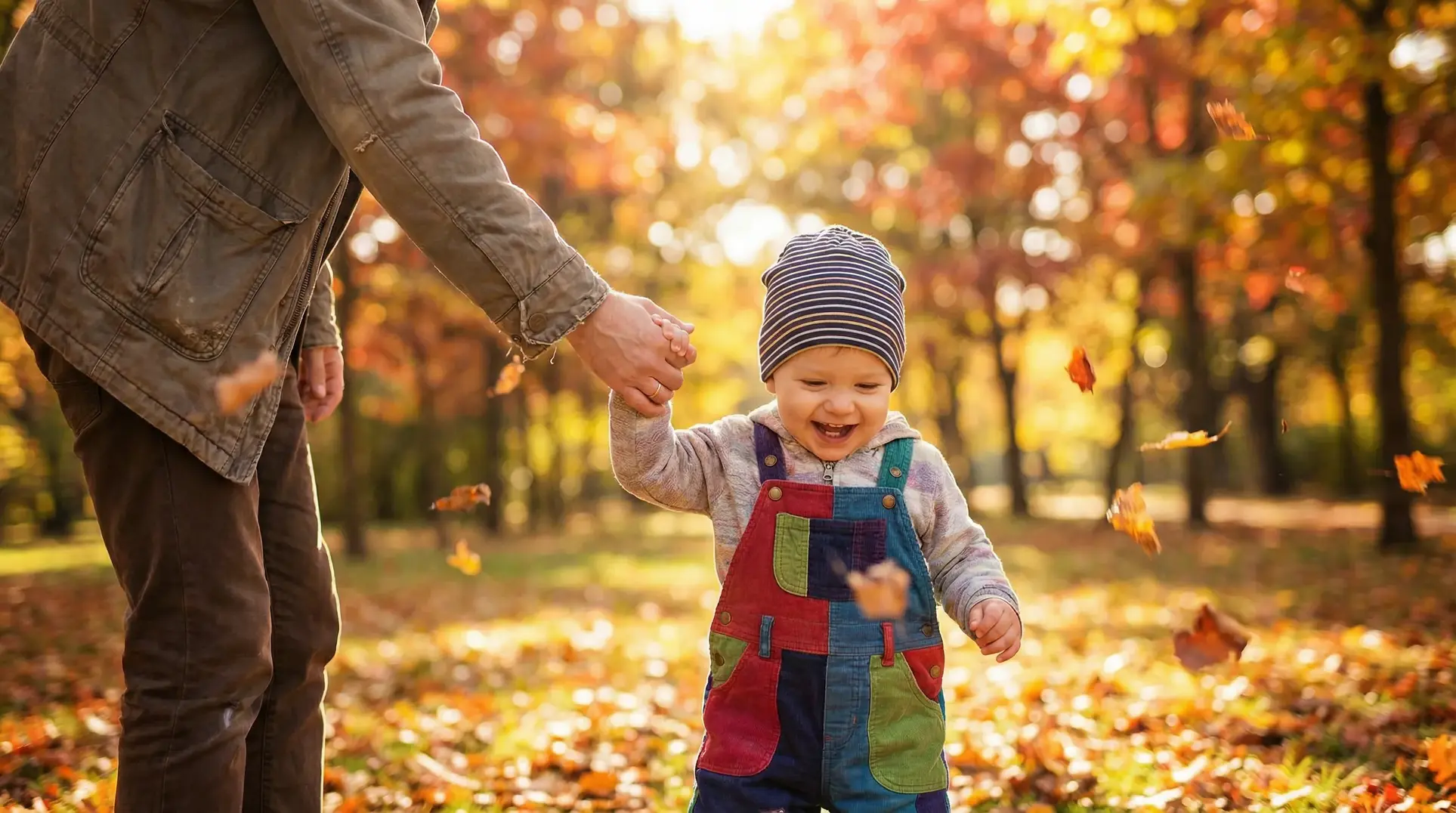 A happy child wearing a colorful outfit walks hand-in-hand with an adult in a park during autumn. The ground is covered with fallen leaves, and colorful trees are in the background. Sunlight creates a warm and cheerful atmosphere.