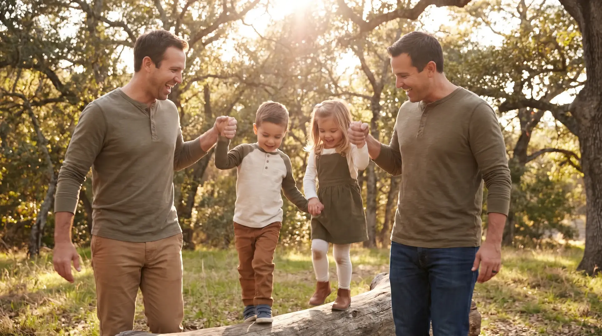 Two adults and two children walking together on a fallen tree trunk in a wooded area. The adults are holding the children's hands, helping them balance. Sunlight filters through the trees, creating a lighthearted and playful atmosphere.