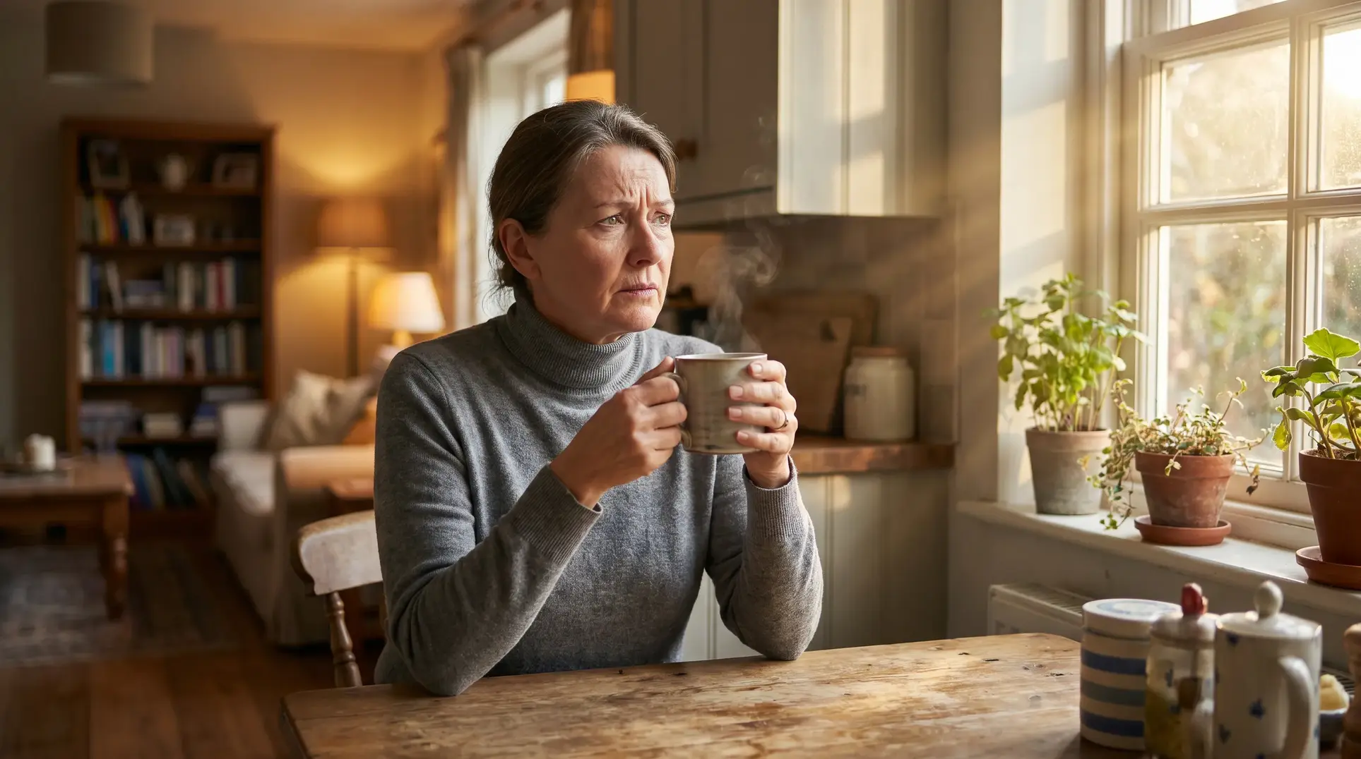 A person sits at a wooden table indoors, holding a steaming mug. Sunlight streams through a window with potted plants on the windowsill. Cabinets, a bookshelf, and a lamp are visible in the background, creating a warm and introspective atmosphere.