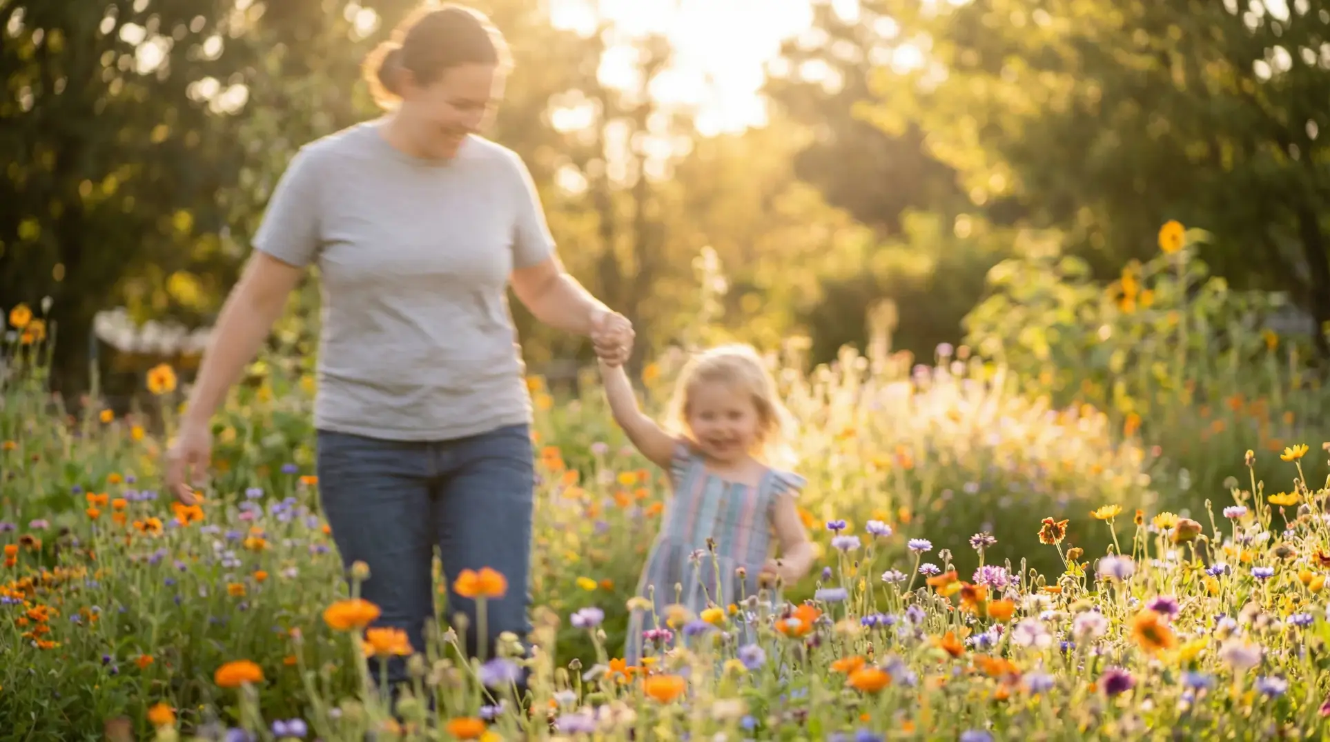 A woman and a young girl walk hand in hand through a vibrant field of colorful wildflowers on a sunny day. The scene is tranquil, with trees visible in the background under bright, natural sunlight.