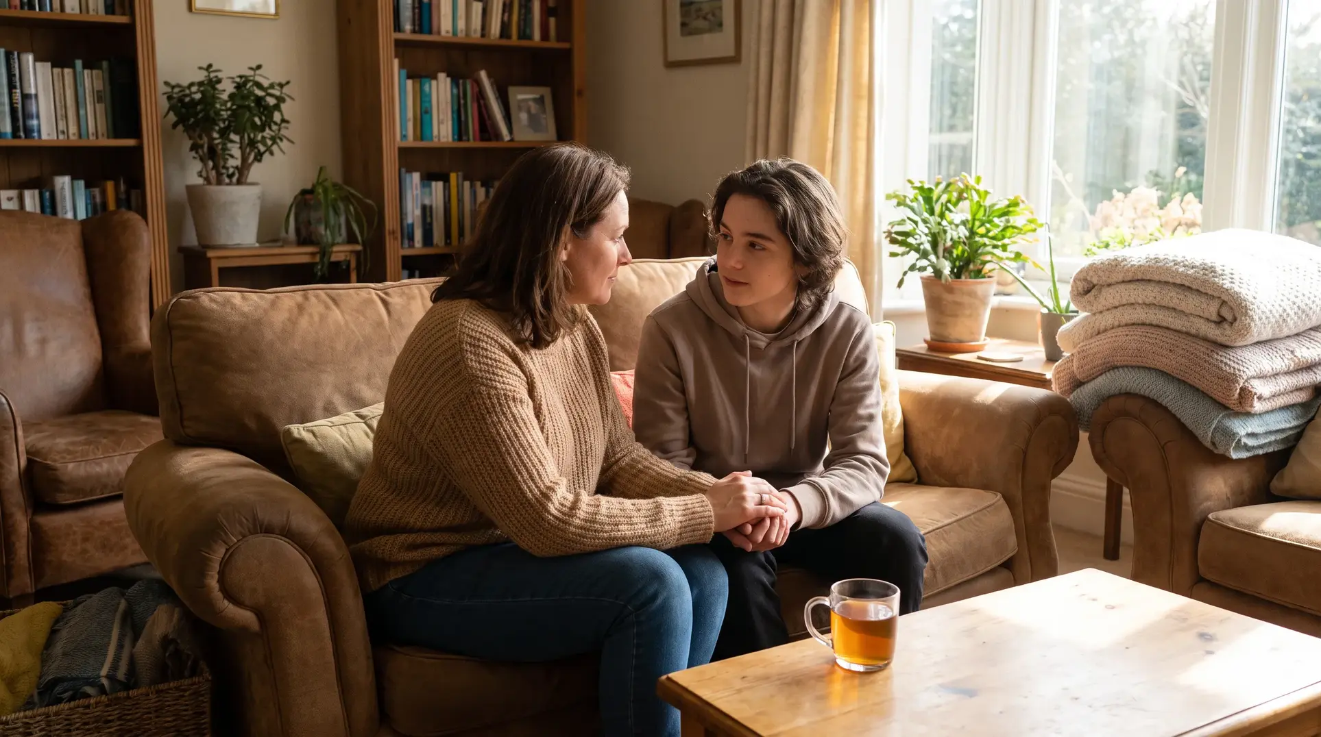 Two people sit on a sofa in a cozy living room, holding hands and facing each other in a moment of connection. The room features bookshelves filled with books, a coffee table with a cup, potted plants near a window, and folded blankets on a chair.