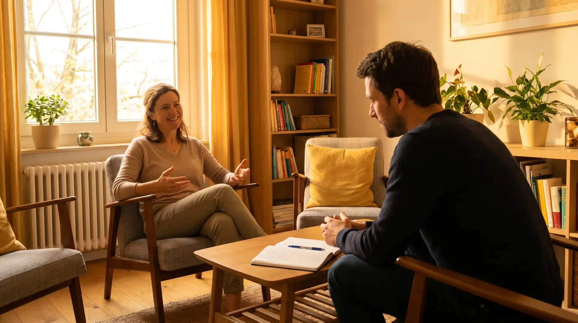 Two people are seated in a cozy room, seemingly deep in conversation. One gestures with their hands while the other listens attentively. The room features wooden furniture, a bookshelf filled with books, houseplants, and a window allowing natural light to stream in. A notebook and a pen rest on a small table between them.