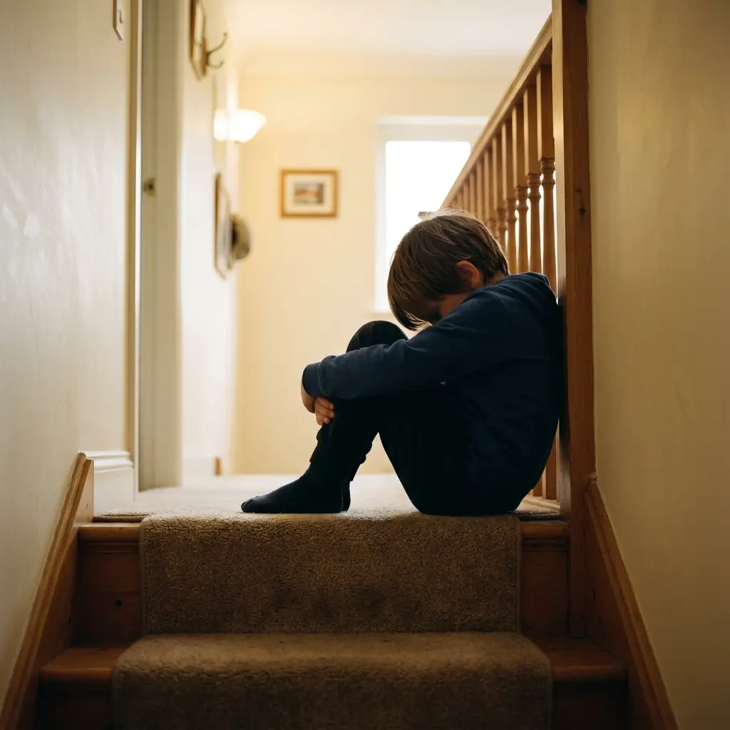 Child sitting on stairs at home during a big emotional moment