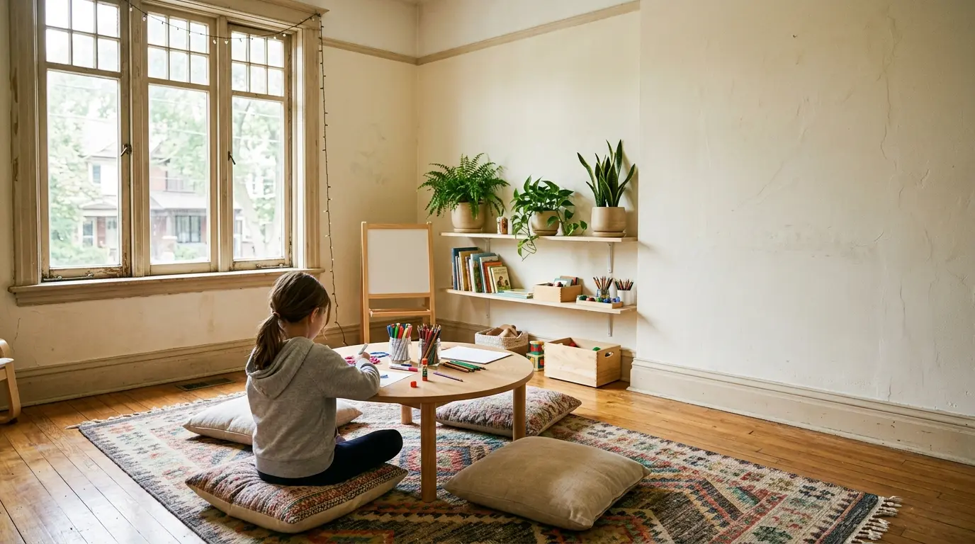 Child sitting on a rug in a bright therapy room, warm afternoon light