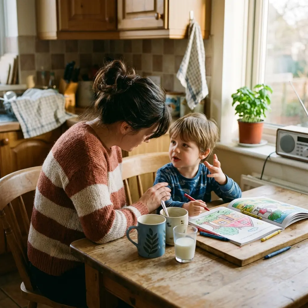 Parent and child sitting together at a kitchen table