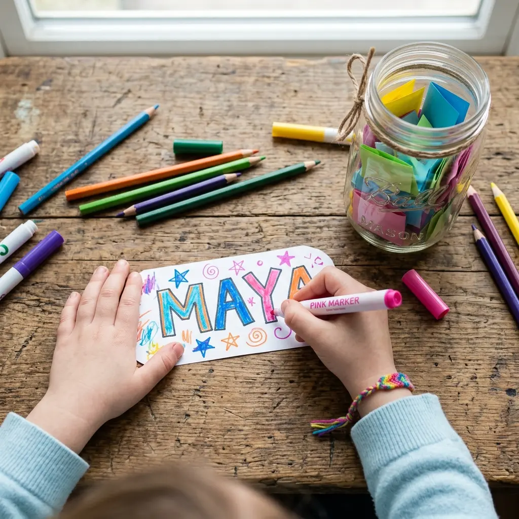 Child's hands decorating a name tag beside a glass wish jar