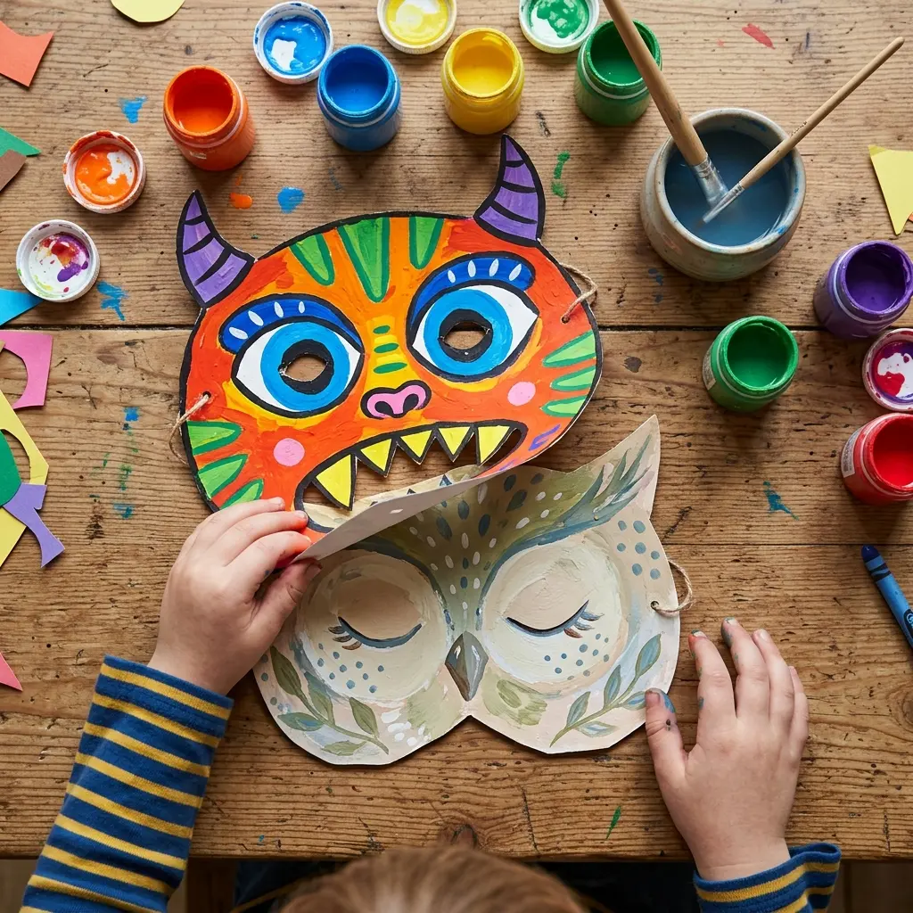 Handmade paper masks laid out on a table