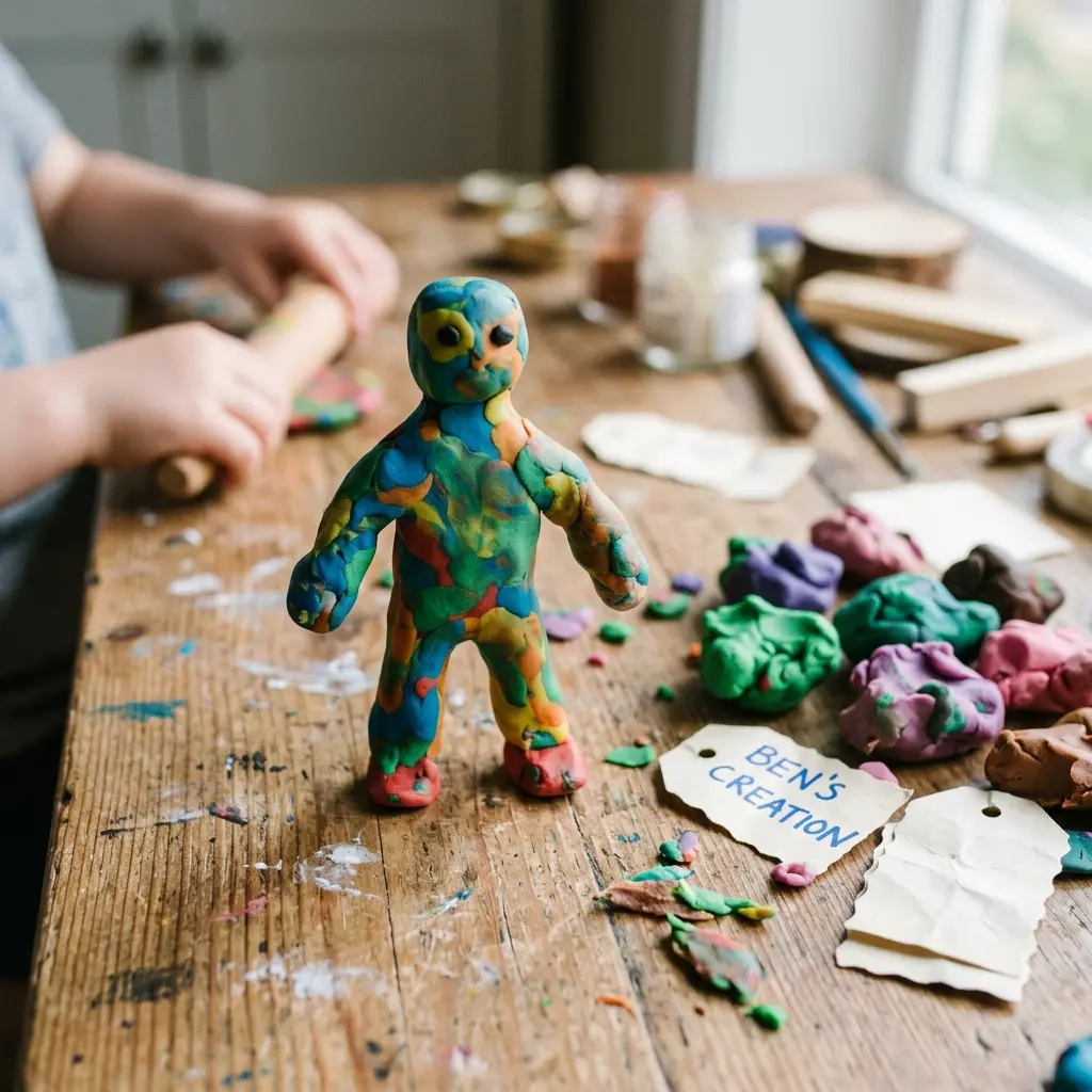 Small plasticine figure made by a child on a craft table