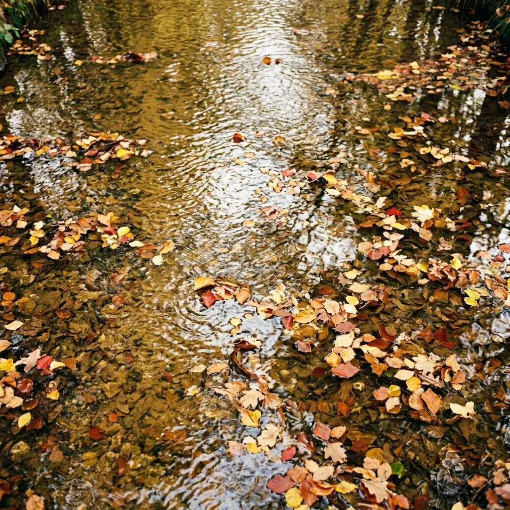 Leaves floating on the surface of a stream