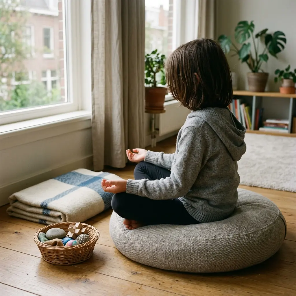 Child sitting cross-legged on a cushion with hands resting on knees