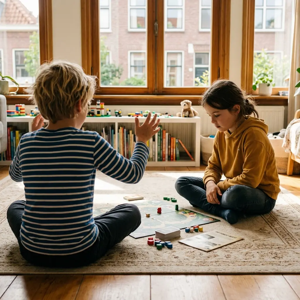 Two children sitting together on the floor, talking