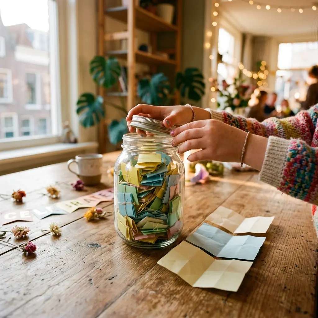 Glass jar of folded paper wishes being opened