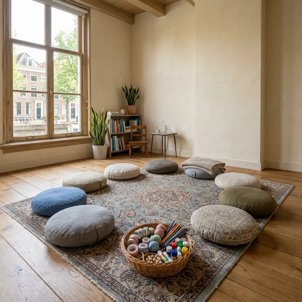 Circle of empty cushions in a bright therapy room before a session