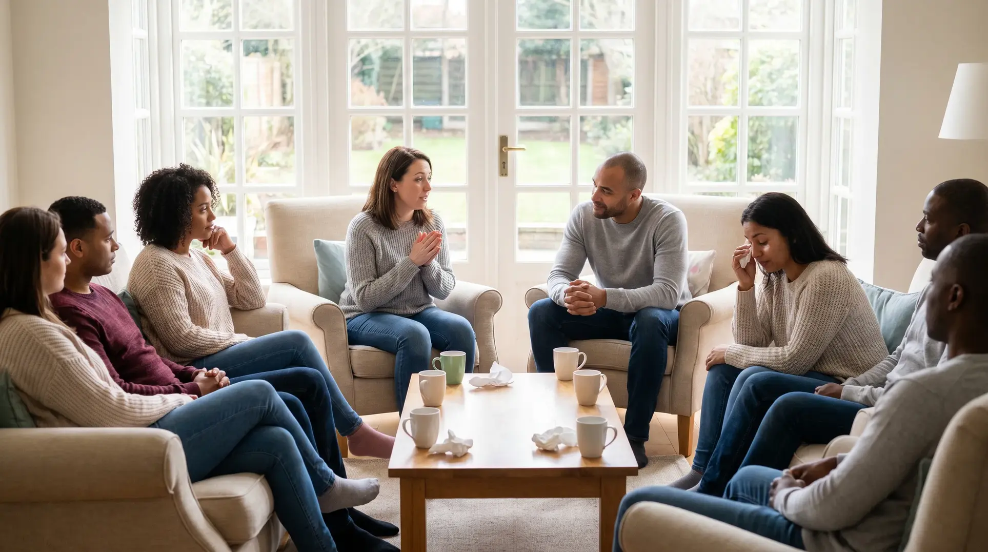 A group of people sitting in a circle in a living room engaging in a discussion or therapy session. One person is using a tissue, suggesting an emotional moment. There are cups and tissues on the coffee table, and large windows let in natural light, illuminating the room.