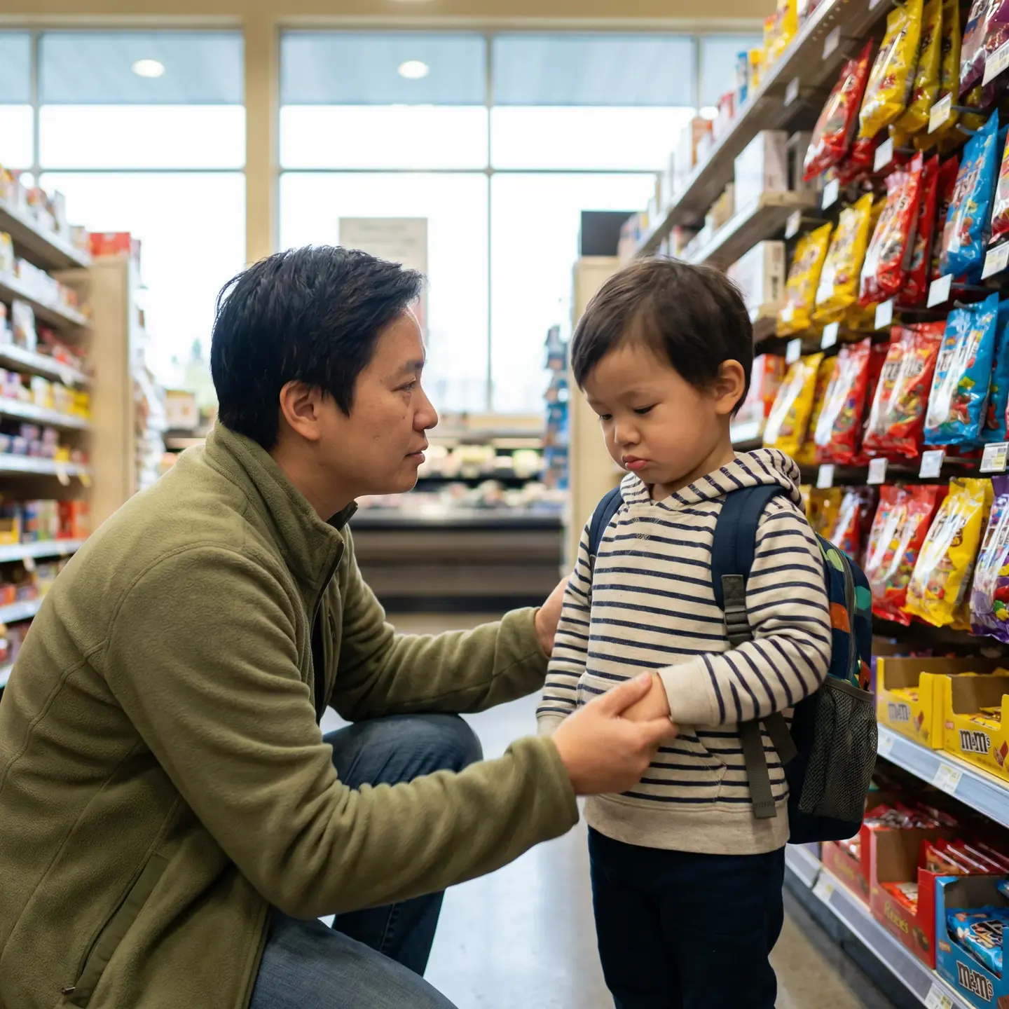 Parent lovingly setting boundaries with child at grocery store