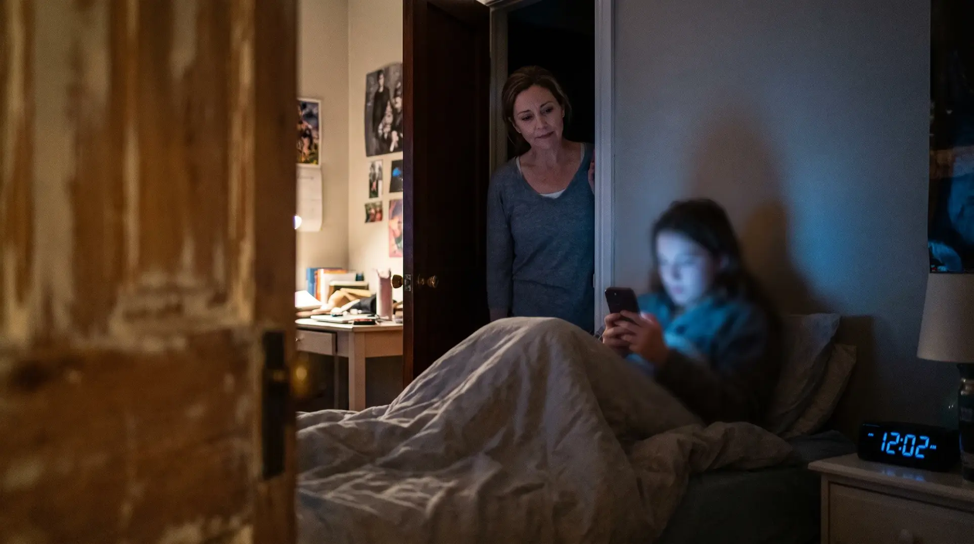 A dimly lit bedroom scene showing a person lying in bed under a blanket using a phone, which emits a blue light. Another person stands in the doorway, observing. A digital clock on the bedside table reads '12:02,' and a desk with various items is visible in the background.