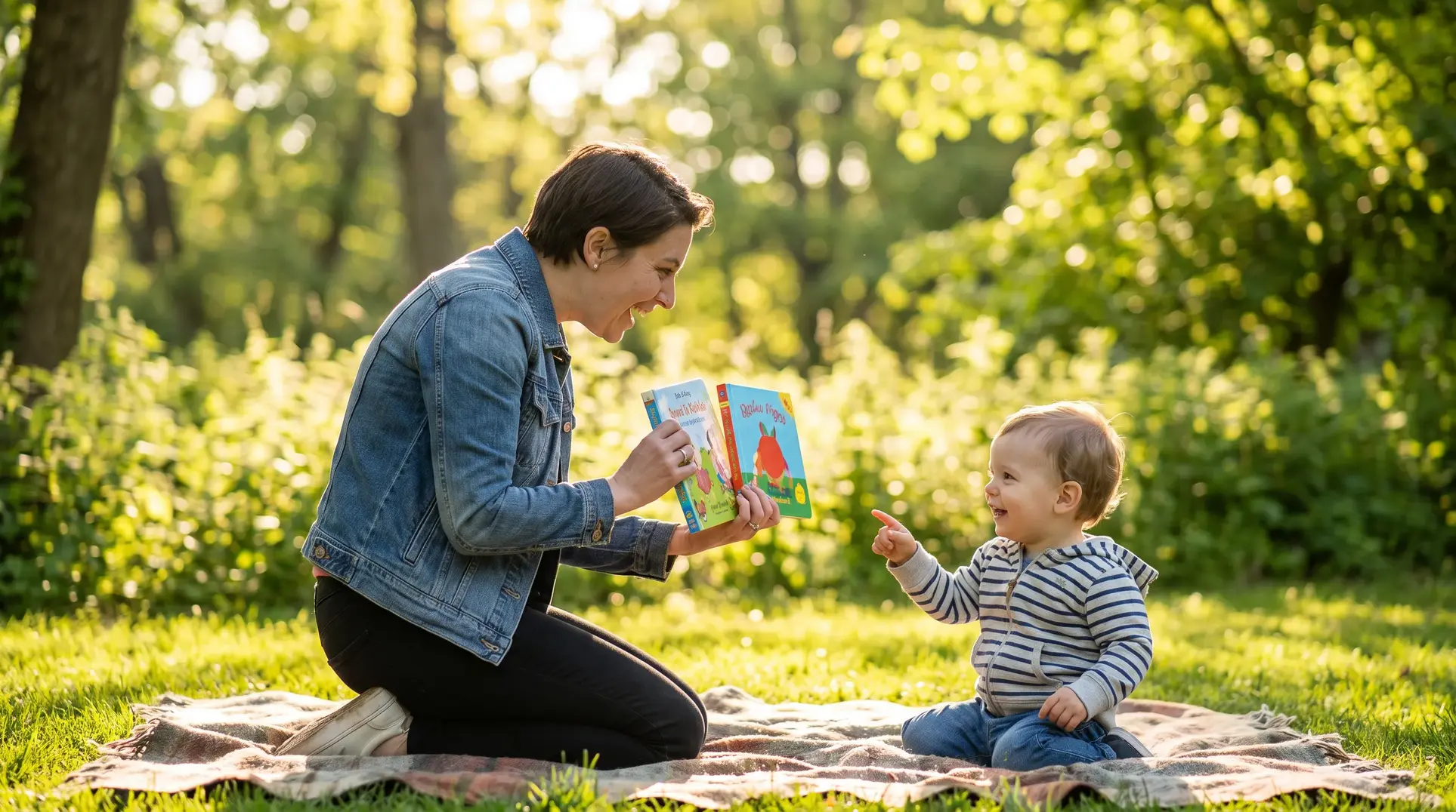 A joyful scene of an adult and a child sitting on a blanket outdoors in a sunny park or garden setting. The adult is holding up children's books while the smiling child points at them. Greenery is visible in the background, creating a playful and happy atmosphere.