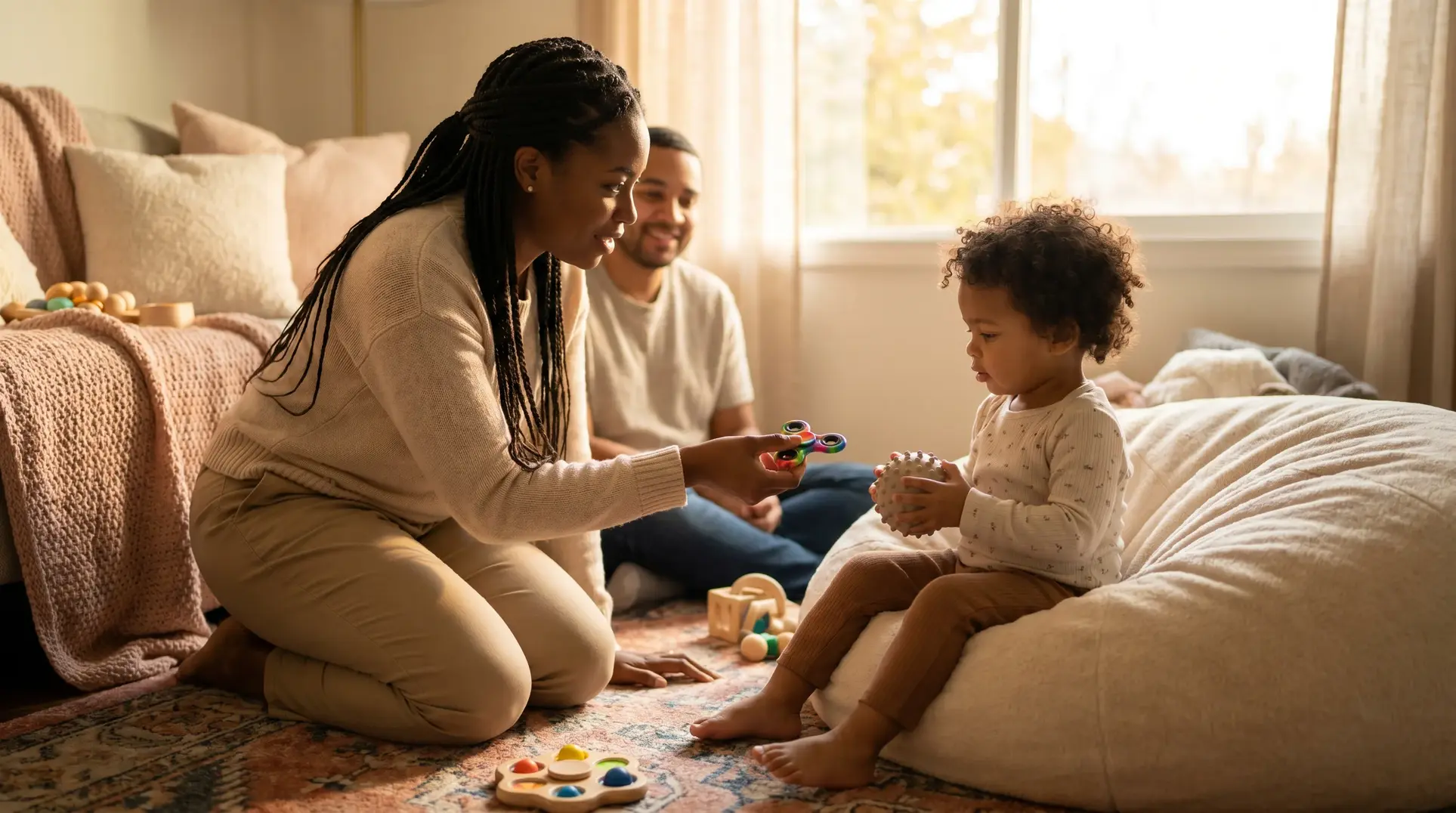 A family spending time together in a warm and cozy room. A woman kneels on the floor, offering a fidget spinner to a child sitting on a bean bag who is holding a textured ball. In the background, a man smiles while sitting, with cushions, a knitted blanket, and a large window letting in natural light adding to the homey atmosphere.