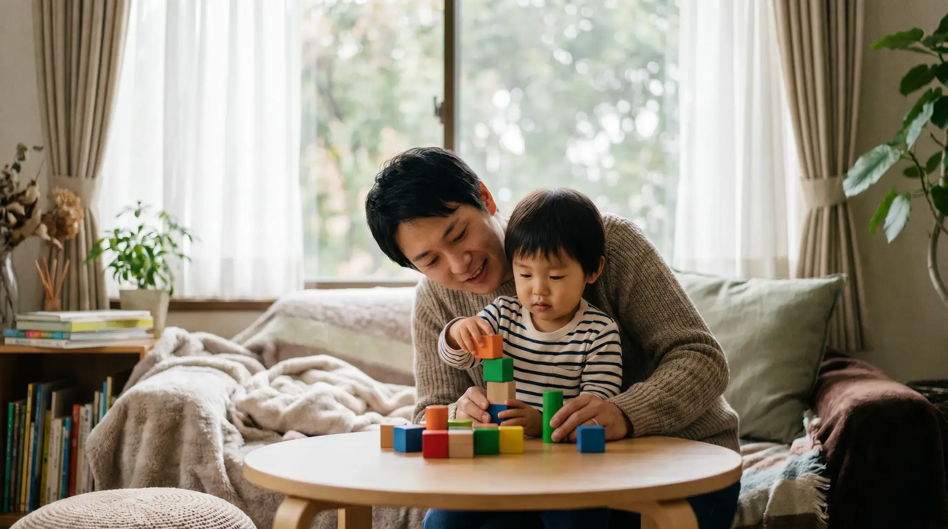 A parent and child are playing together at a table, building a structure with colorful blocks. The setting is a cozy living room, featuring a window in the background, a green plant, and a bookshelf filled with books. The atmosphere feels warm and inviting.