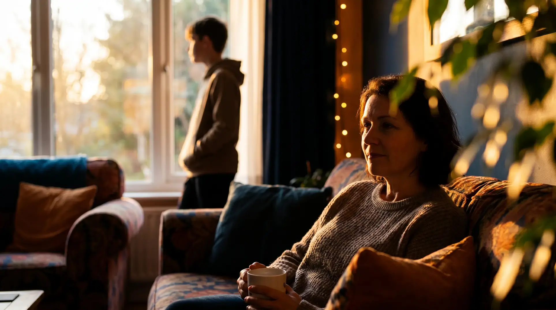 A cozy living room setting featuring a woman sitting on a patterned sofa, holding a mug, and gazing thoughtfully. In the background, a silhouetted figure stands by a window, looking outside. The room is softly lit with fairy lights and natural light streaming through the window. Cushions adorn the sofa, and a plant is partially visible in the foreground, adding to the warm atmosphere.