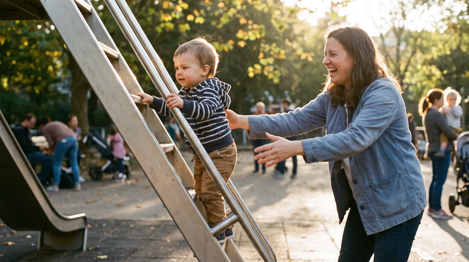 A child climbs the steps of a playground slide with the help of a smiling adult who appears to be encouraging them. Other children and adults are visible in the background, and the scene takes place in a park or playground on a sunny day.