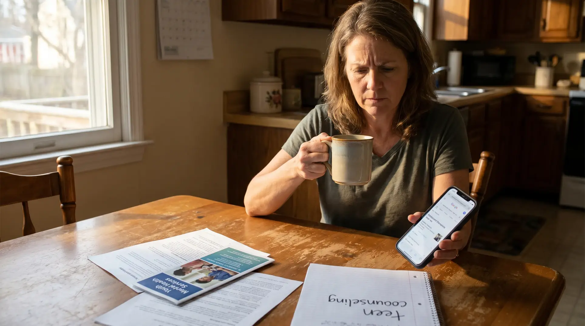 A person is seated at a wooden kitchen table, holding a mug and looking at a smartphone. On the table are papers, including a brochure titled 'Youth Mental Health Services' and a notebook labeled 'Teen Counseling.' Natural light streams in through a nearby window, indicating a home setting.